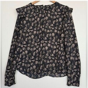 EVEREVE Floral Blouse Long Sleeve Top Blouse Ruffle Shoulder Fall‎ Navy/Tan Sz M